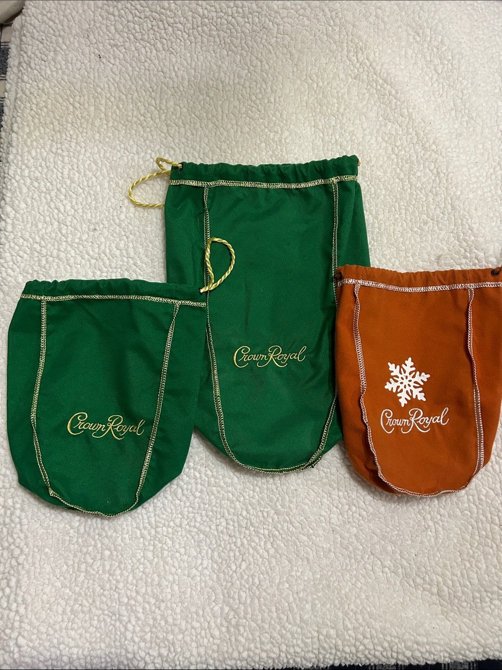 3 Crown Royal Bags-Green and Orange w/Velvet Drawstring